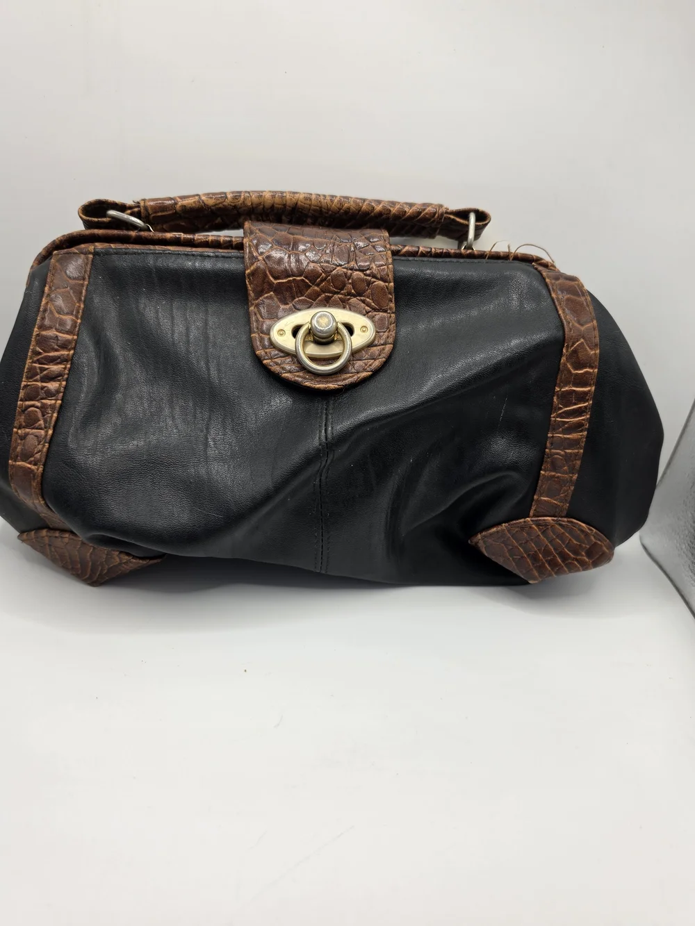 Jackson Rowe Black Leather Clutch Satchel with Brown Croc-Trim